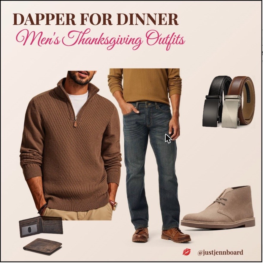 Dapper for Dinner men’s Thanksgiving outfit: brown quarter-zip sweater, jeans, suede chukka boots, leather belts and wallet