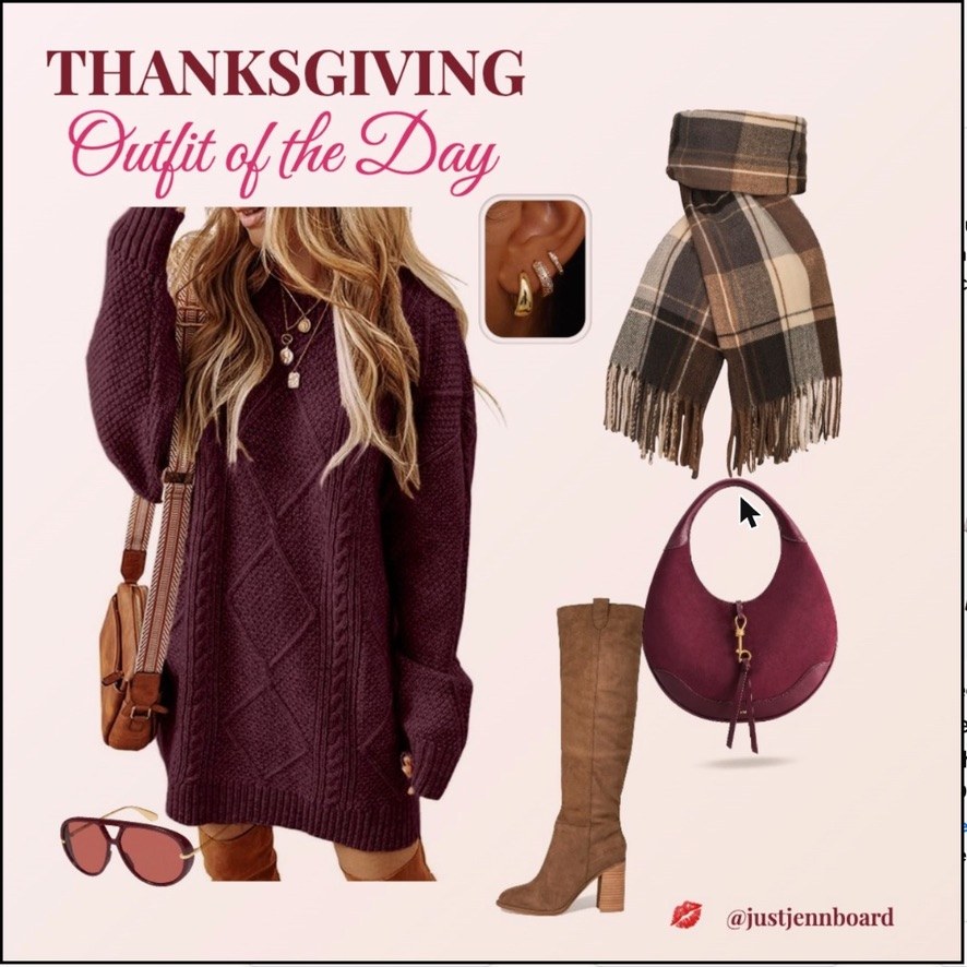 Thanksgiving Outfit of the Day: burgundy cable-knit sweater dress, tall suede boots, plaid scarf, gold earrings and a burgundy handbag