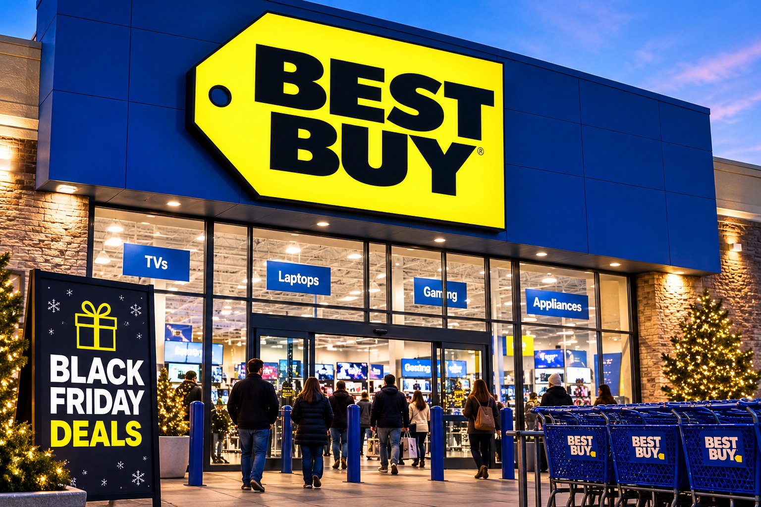 Best Buy storefront decorated for Black Friday shopping 2026, illustration
