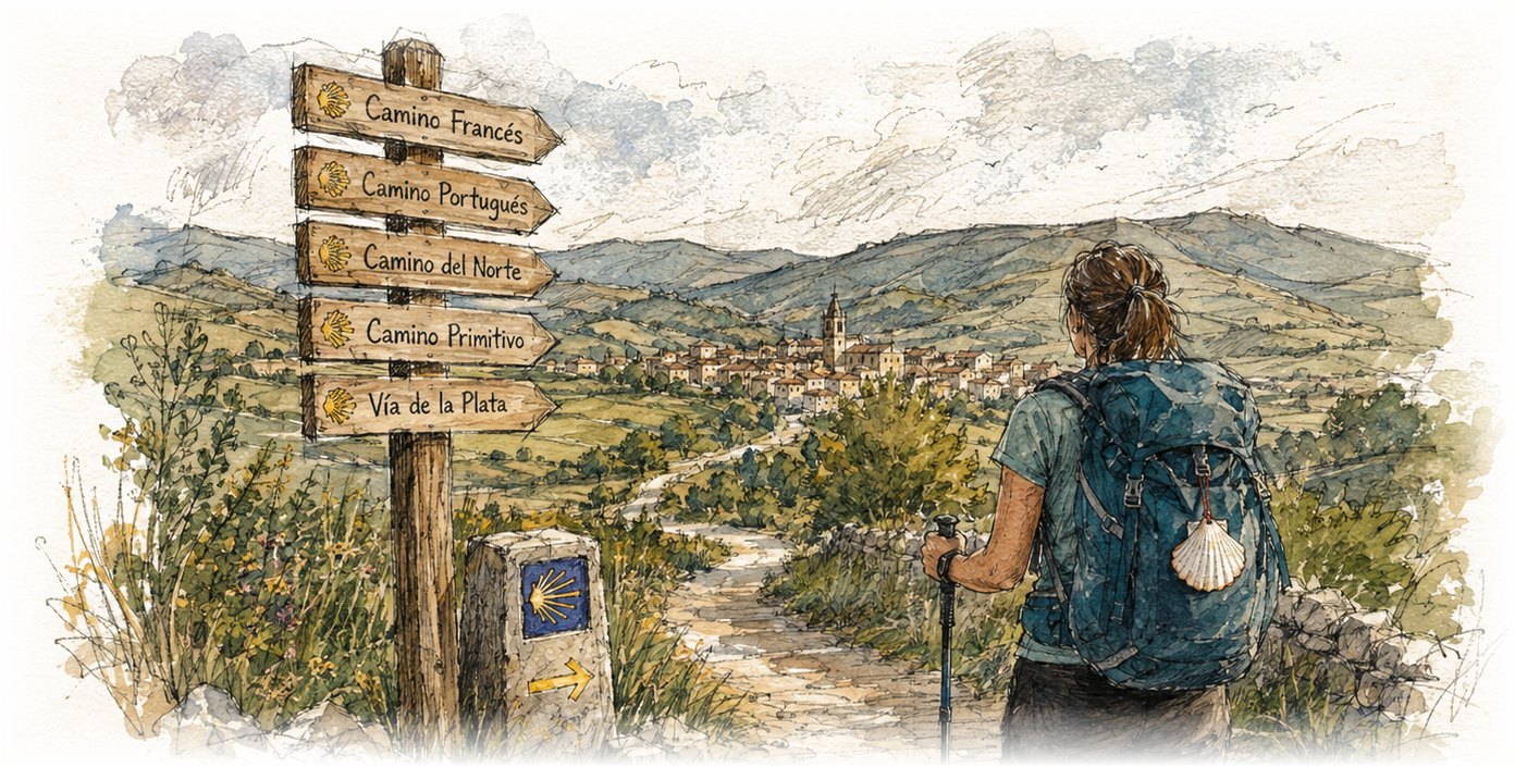 Camino de Santiago wooden signpost showing the Francés, Portugués, del Norte, Primitivo, and Vía de la Plata routes, with a woman hiker looking out over a village and green hills.