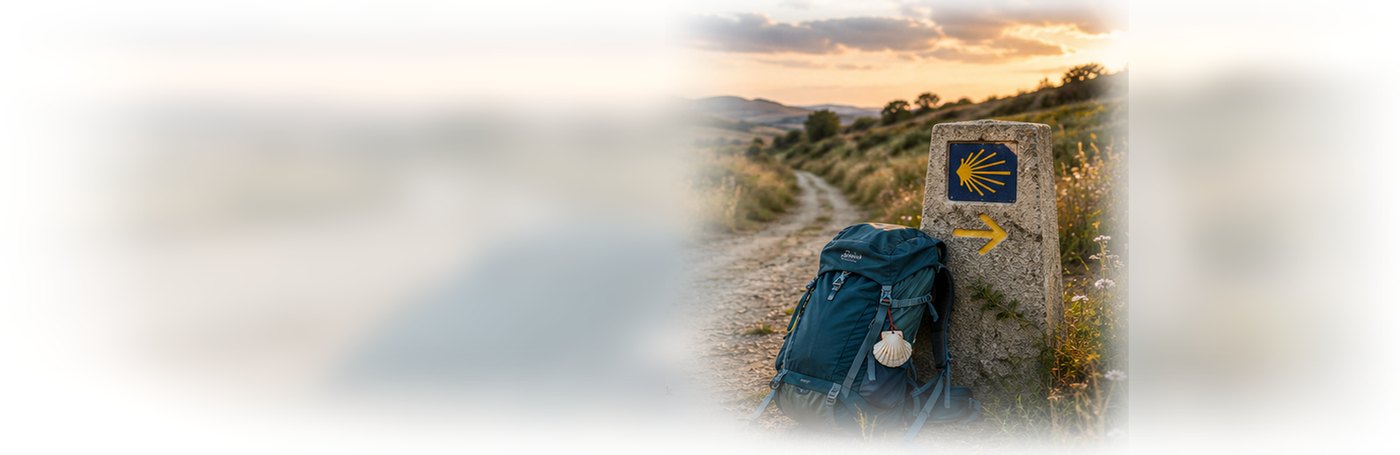 Camino de Santiago backpack beside a scallop-shell waymarker on a rural trail at sunset, illustrating backpack fit, packing, and luggage-transfer advice.