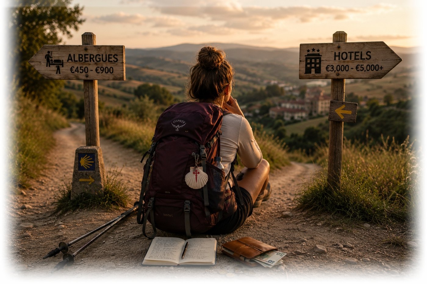 Camino de Santiago cost planning illustration with pilgrim shell, Spanish coins and euros, and a hiker on the trail.