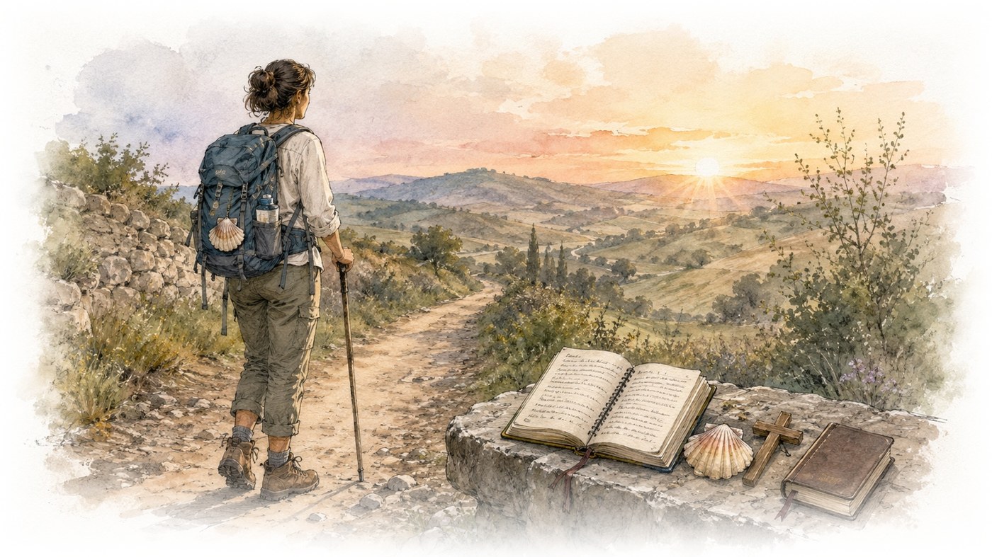 Camino de Santiago training illustration with a woman walking a rural trail at sunrise, holding a walking stick, backpack on her shoulders, hills and a chapel in the distance.