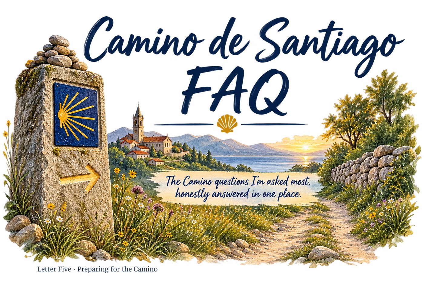 Camino de Santiago FAQ illustration with a scallop shell waymarker, hiking boots, a first-aid kit, and a sun over rolling Spanish hills, framed as a book of pilgrim questions.