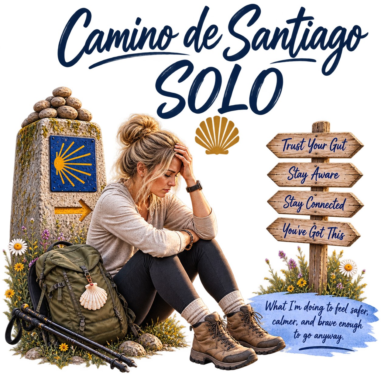 Illustration of a woman walking alone on the Camino de Santiago at dawn, backpack on her shoulders, staff in hand, hills and yellow arrow waymarker in the distance, evoking solo travel and quiet bravery.