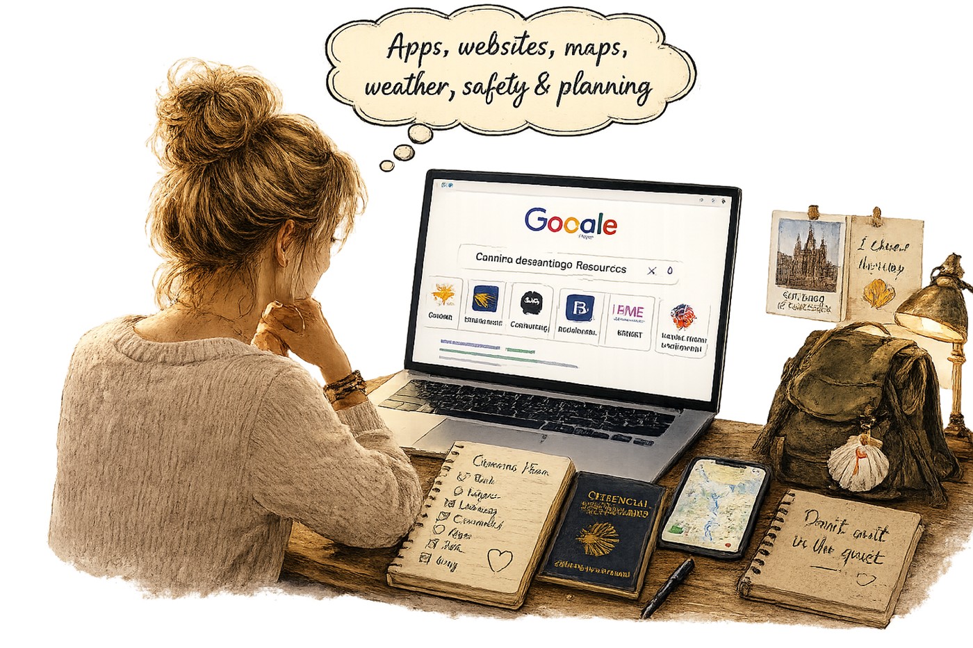 Illustration of a smartphone showing a Camino de Santiago route map beside a paper Gronze guidebook, hiking boots, and a scallop shell, framed as the digital toolkit for a modern pilgrim.