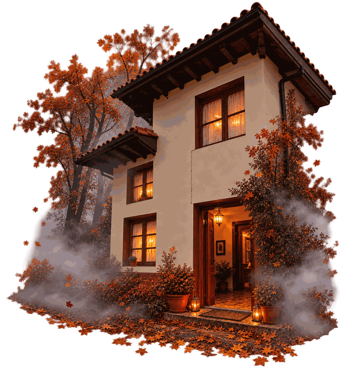 A warmly lit stone guesthouse on the Camino de Santiago at dusk, lanterns glowing beside the open door, surrounded by autumn leaves and mist.