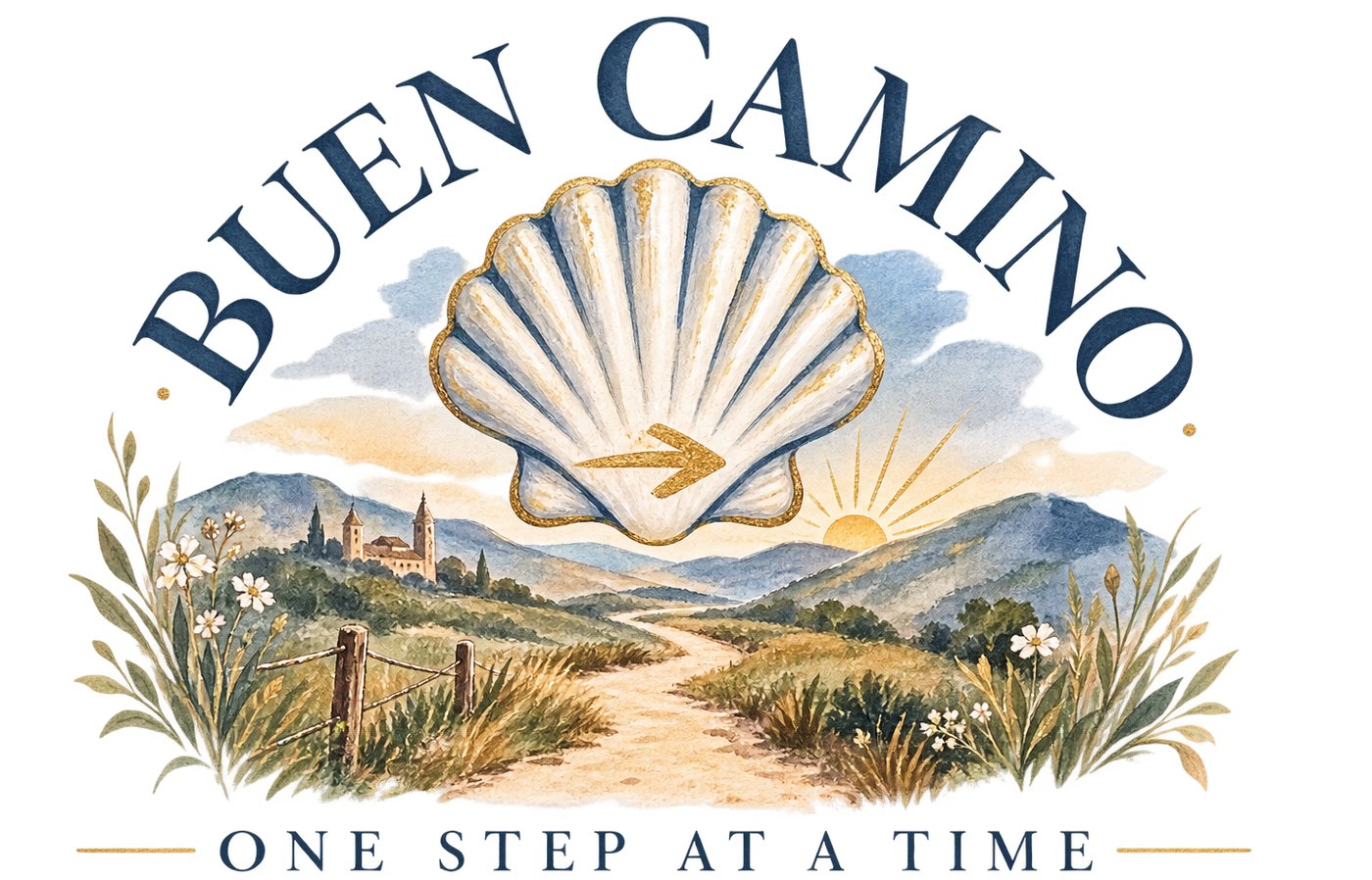 Buen Camino, One Step at a Time, watercolor Camino de Santiago shell and path landscape, header for the Camino Chronicles Welcome hub.