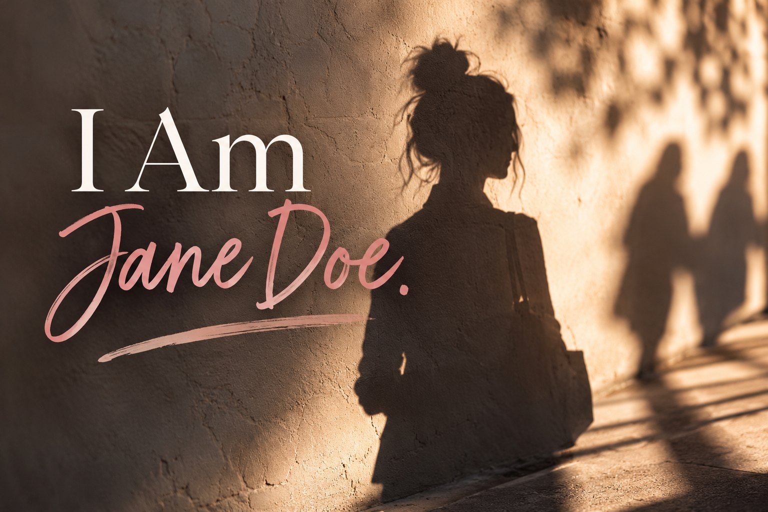 Shadow of a woman on a sunlit wall with the words I Am Jane Doe, artwork for the Cornell Seven letter