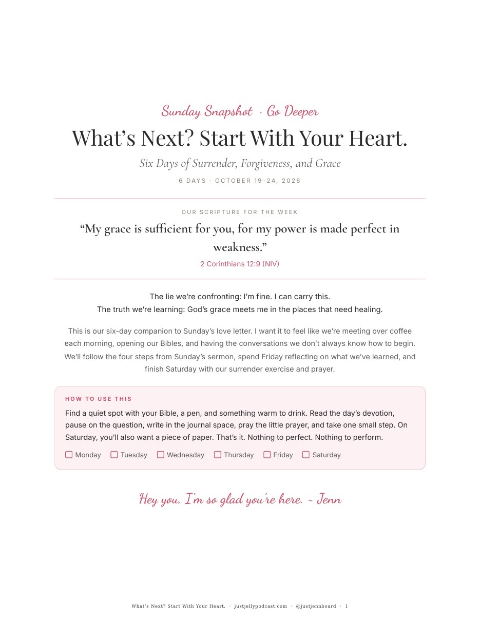 Go Deeper: What’s Next? Start With Your Heart, a free 6-day devotional for midlife women with scripture, journal space, prayer, and one small step each day.