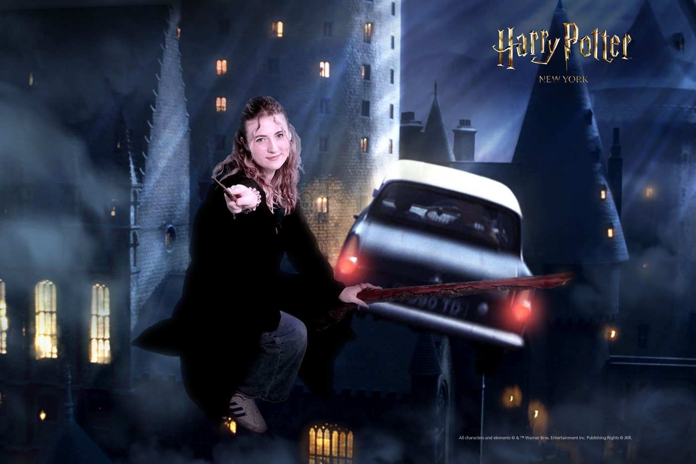 Broom-riding photo at the Harry Potter New York store in New York City