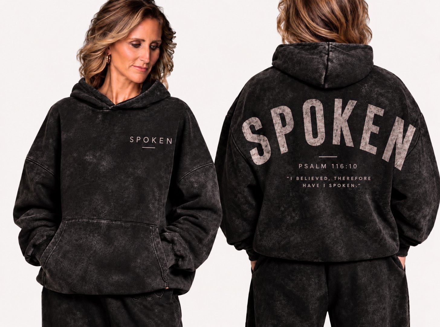 Jenn wearing the SPOKEN hoodie from The Spoken Collection, front and back, with Psalm 116:10 on the back