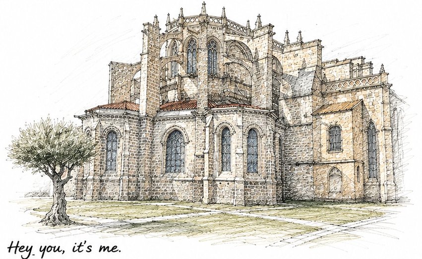 Hand-drawn illustration of the Church of Our Lady of the Assumption in Laredo, Spain, from Jenn's Camino del Norte journey.