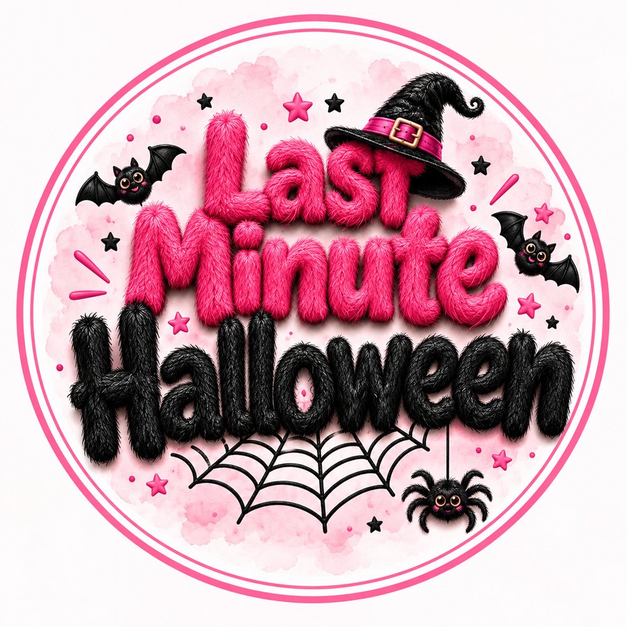 Last Minute Halloween in fuzzy pink and black letters with a witch hat, bats and a spider web