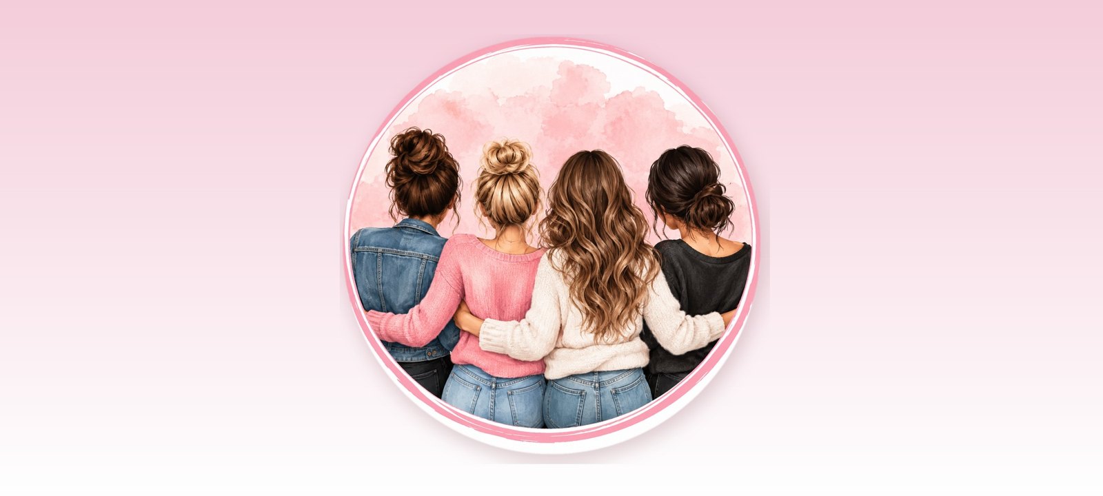 Watercolor illustration of four women friends with their arms around each other, seen from behind, on a soft pink background