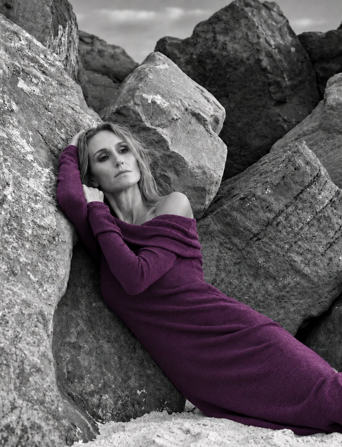 Jenn Board in a purple dress, leaning against large rocks on the beach, the only color in a black-and-white photo, for Purple Thursday 2026.