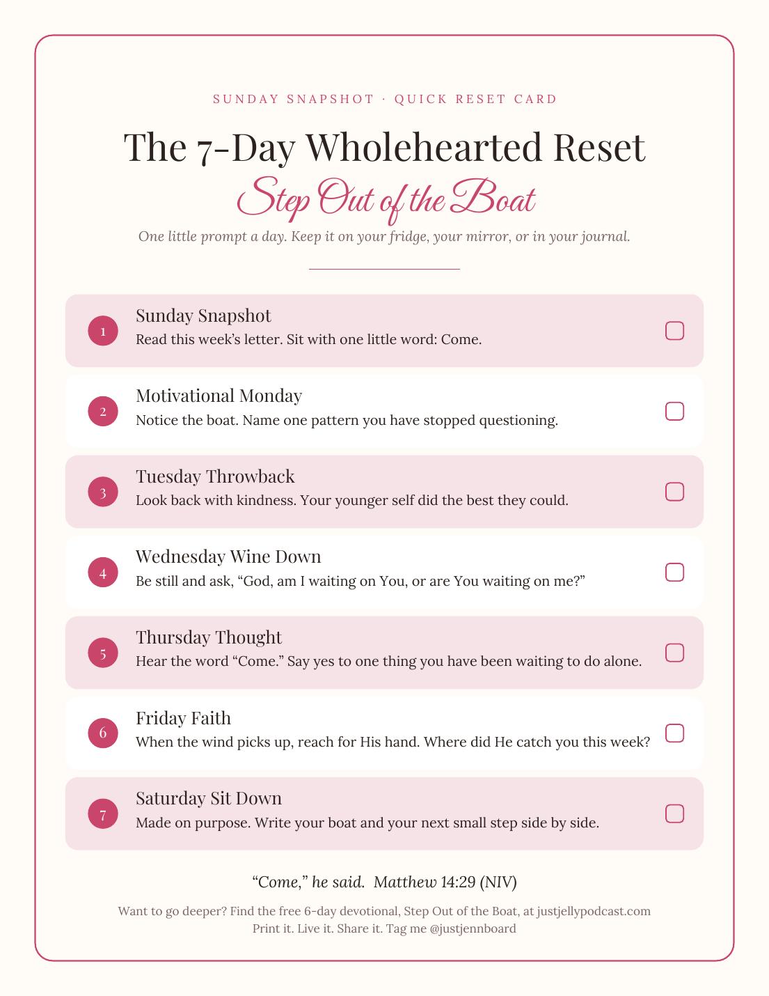 Quick Reset Card printable for Step Out of the Boat, with one prompt for each day from Sunday Snapshot to Saturday Sit Down.