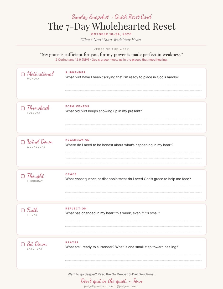 Quick Reset Card printable for What’s Next? Start With Your Heart, with one prompt for each day from Motivational Monday to Sit Down Saturday.