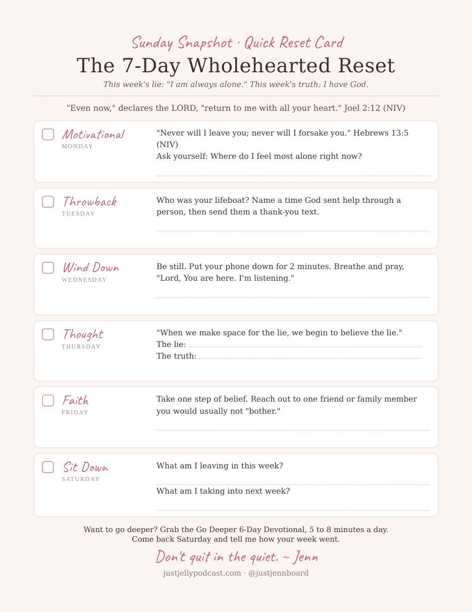 Quick Reset Card printable for the Wholehearted Reset, with one prompt for each day from Motivational Monday to Saturday Sit Down.
