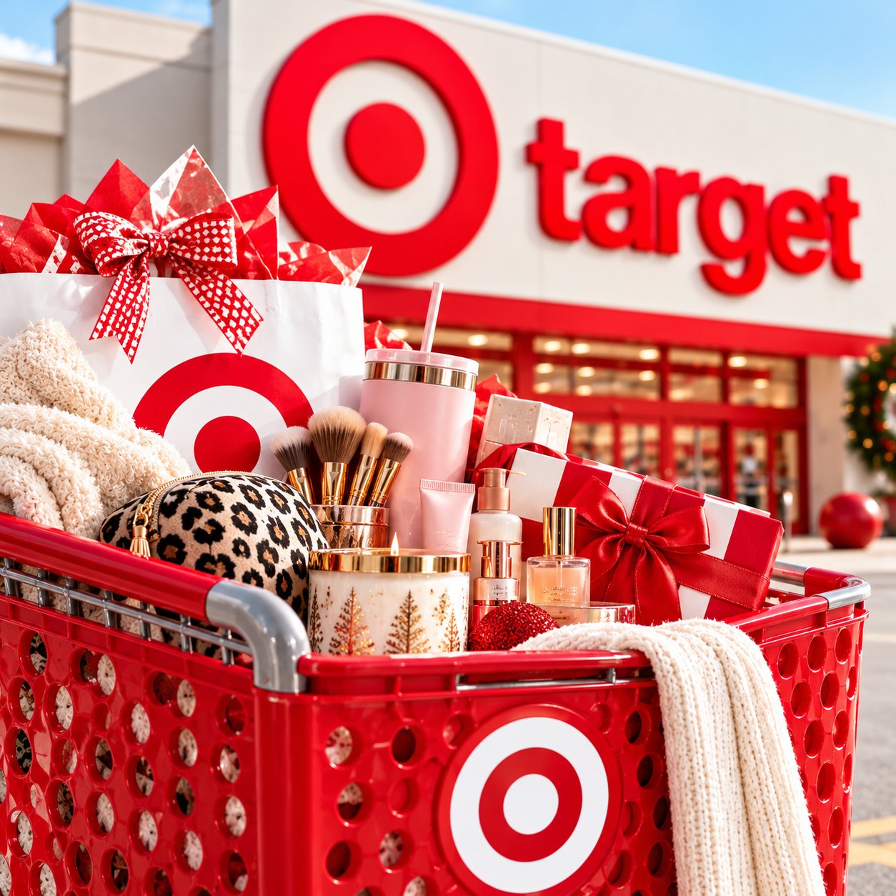Red Target shopping cart full of Christmas gifts, beauty finds, a candle and a cozy throw outside a Target store, illustration