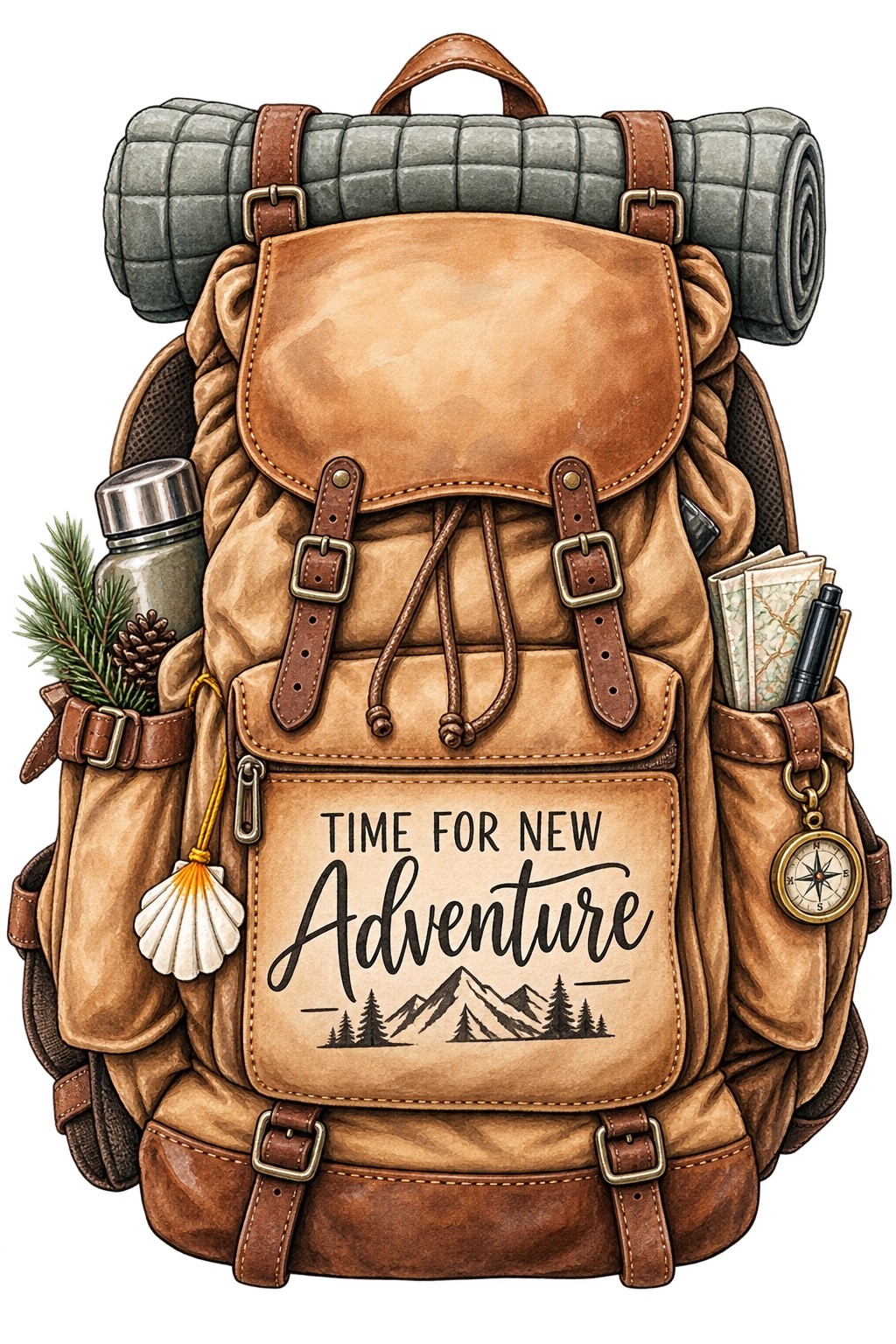 A watercolor pilgrim's backpack with a bedroll on top, a scallop shell and compass hanging from the sides, and a leather 'Time for New Adventure' panel across the front pocket.