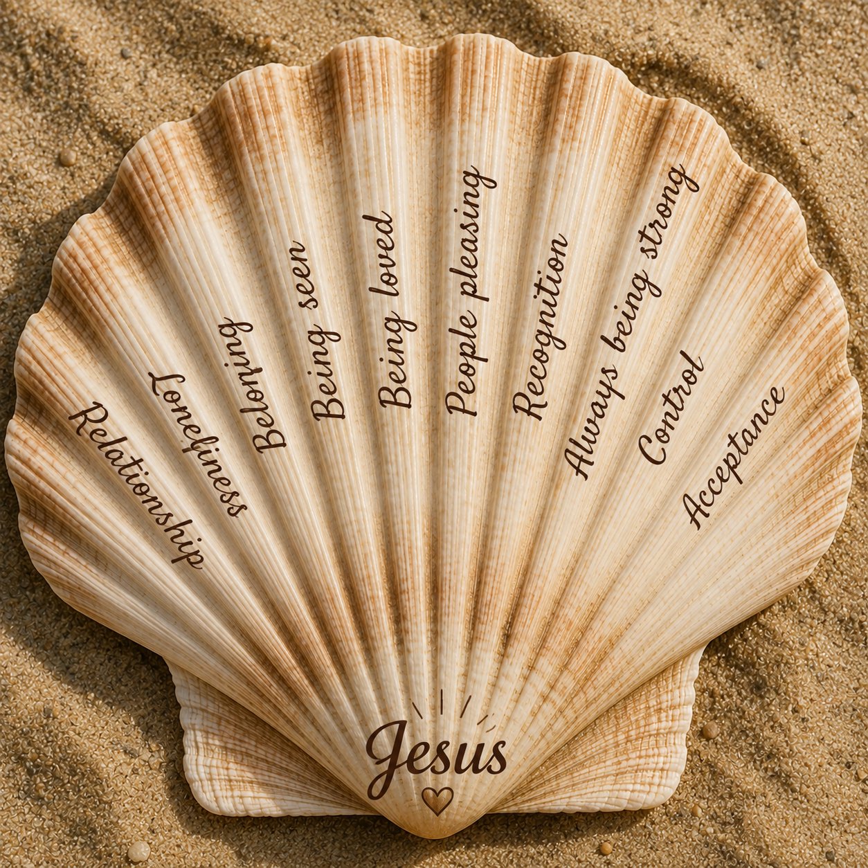 A scallop shell with ridges labeled with the places Jenn looked for fulfillment — approval, success, control, relationships, achievement, recognition, belonging, loneliness — all converging on the name Jesus at the center.