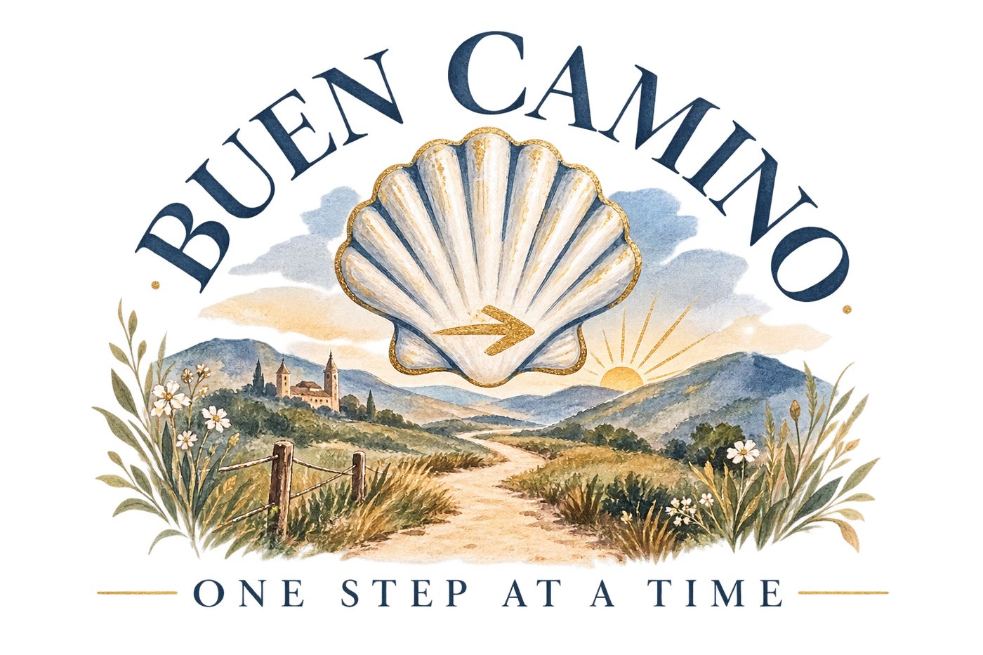 A watercolor illustration of a Camino de Santiago path winding through hills toward a distant church, with a gold and white scallop shell and arrow above it, framed by the words 'Buen Camino' and 'One Step at a Time'.