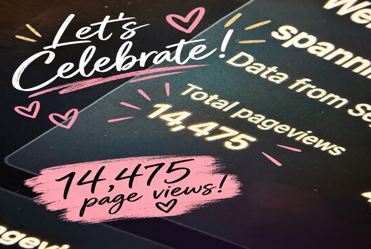 Let's Celebrate graphic in pink and white showing 14,475 page views for Just Jelly Unfiltered.
